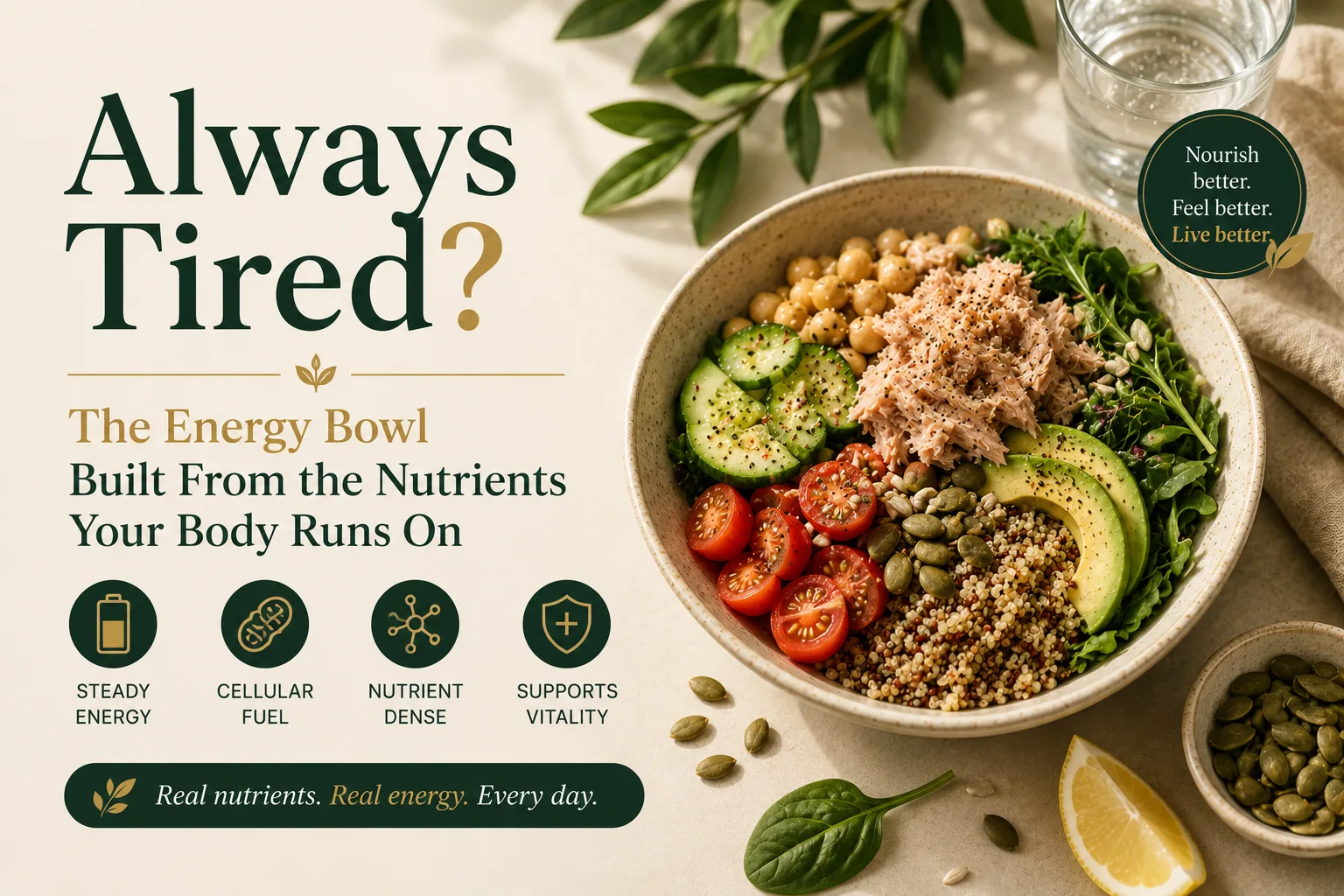 A salmon, quinoa, spinach and avocado energy bowl topped with pumpkin seeds and a lemon dressing
