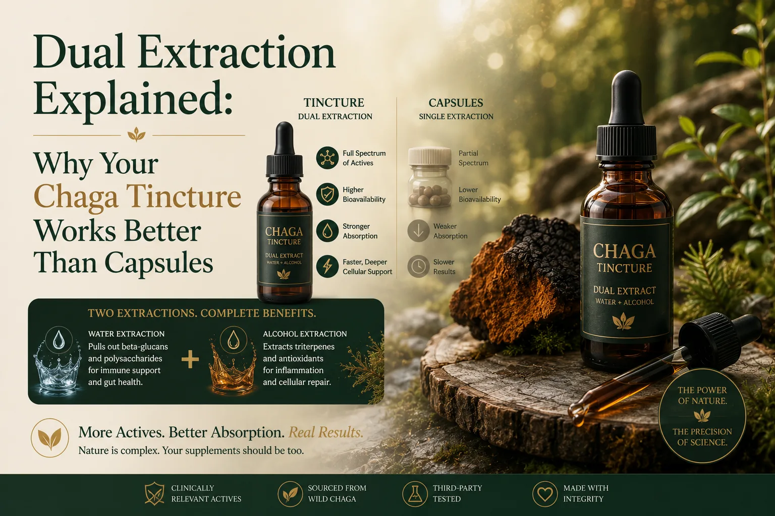 A dual-extracted Chaga tincture beside dried Chaga — why extraction method changes what your body can absorb