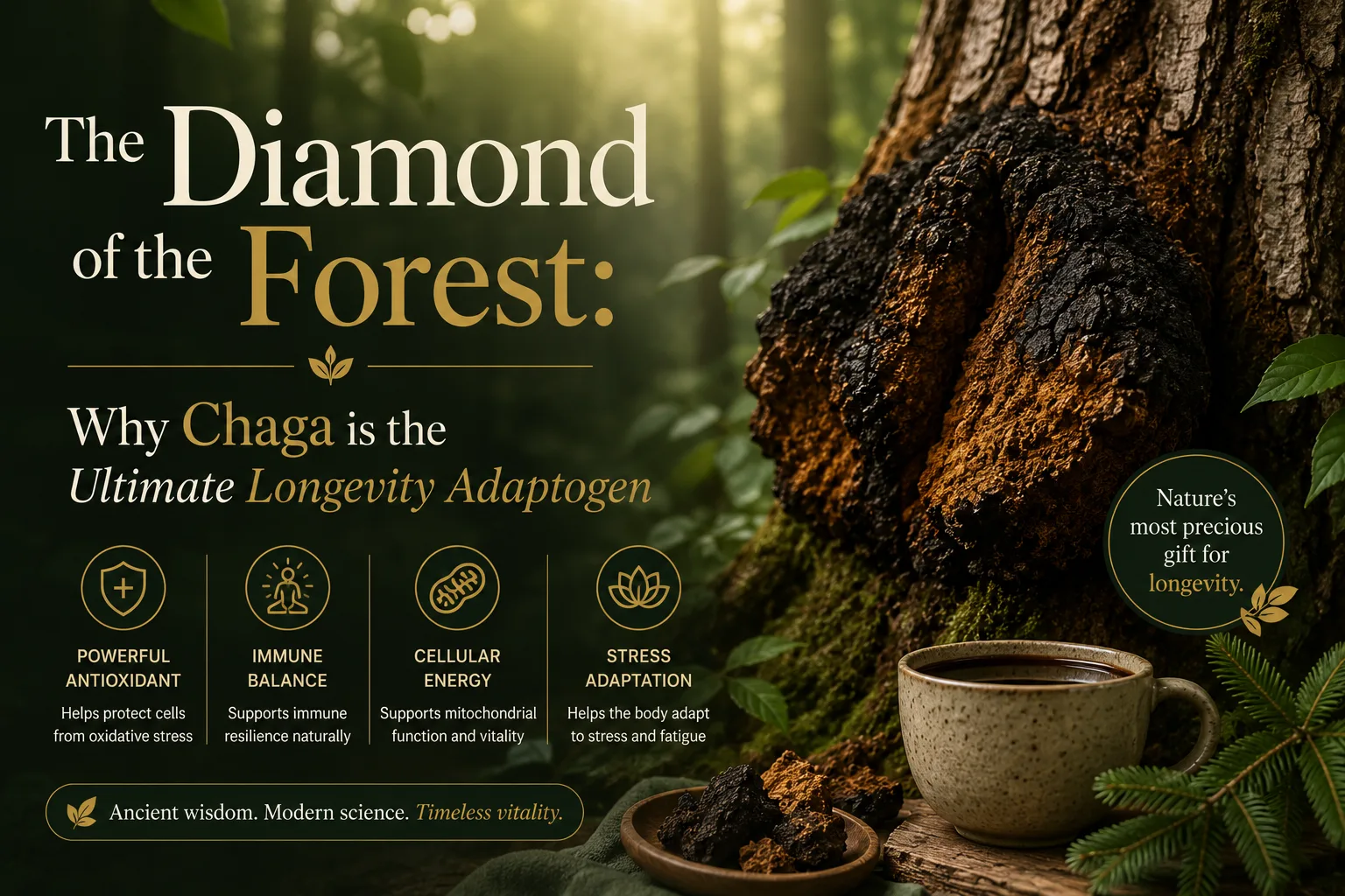Chaga, the dark birch-tree fungus known as the diamond of the forest, growing on a birch trunk