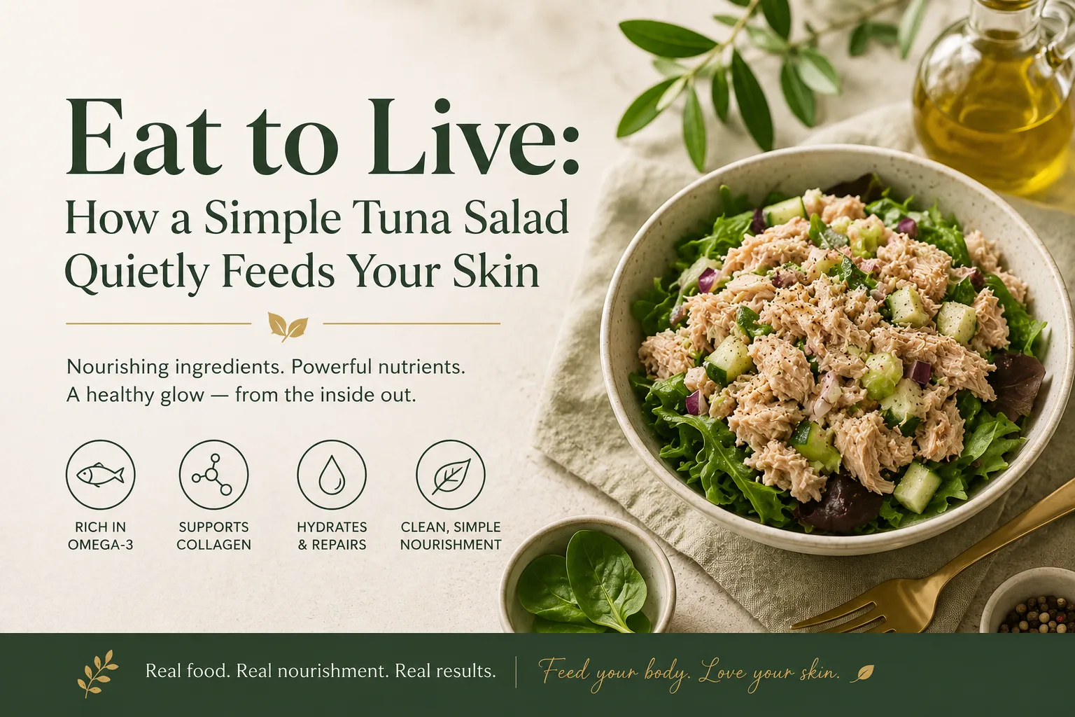 A bright, herby tuna salad with lemon, capers, celery and fresh dill in a bowl — an everyday meal that supports skin health