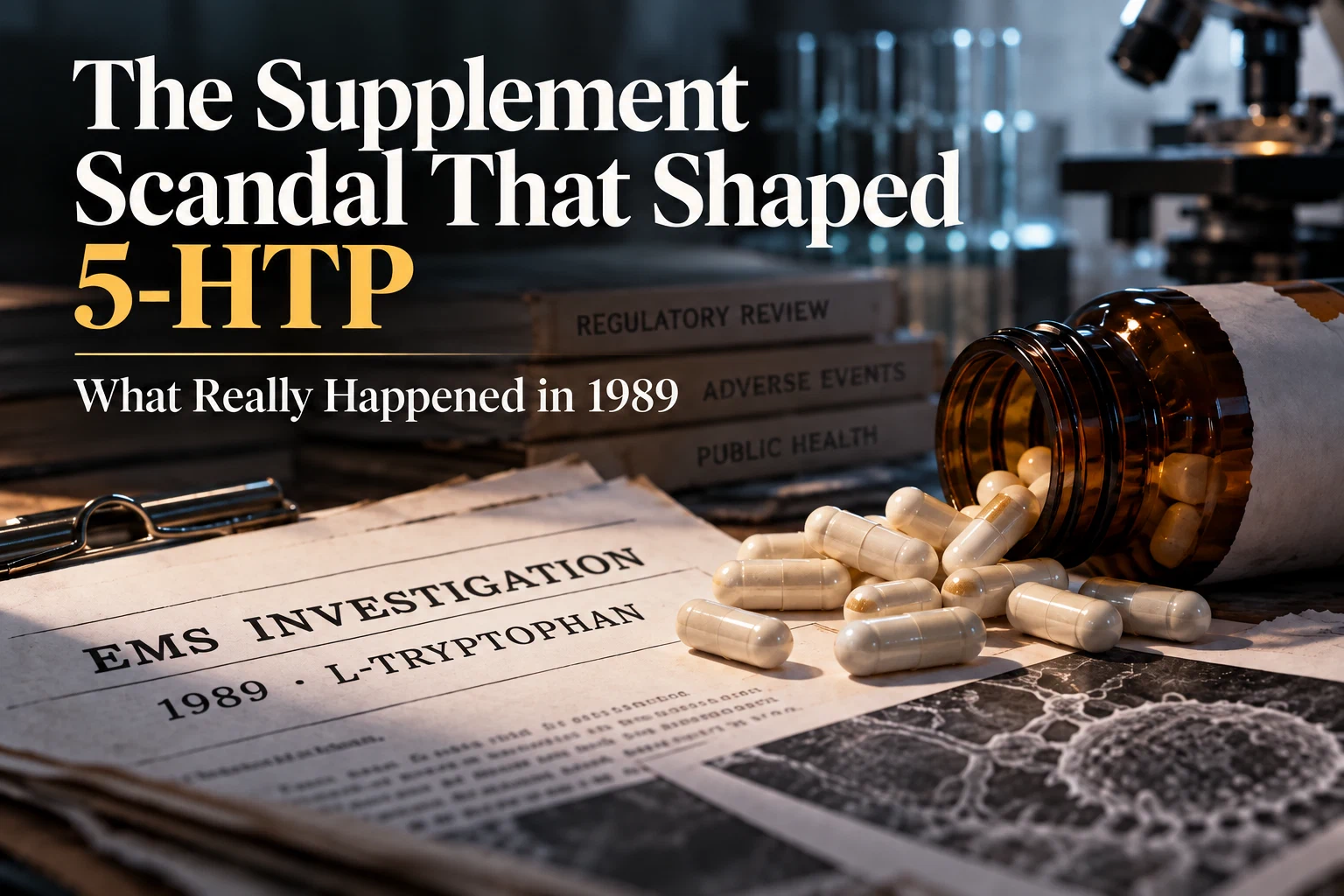 Capsules spilling from an amber bottle onto an archived 1989 EMS investigation file on L-tryptophan in a dim laboratory, beside stacked regulatory review files