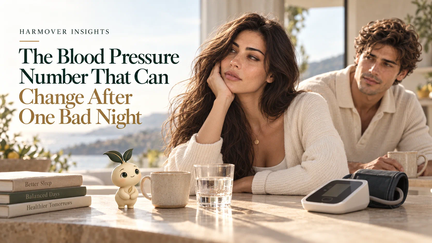 A woman resting her chin on her hand at a sunlit table beside a blood pressure monitor, with a man and a small leafy character nearby, beside the title The Blood Pressure Number That Can Change After One Bad Night