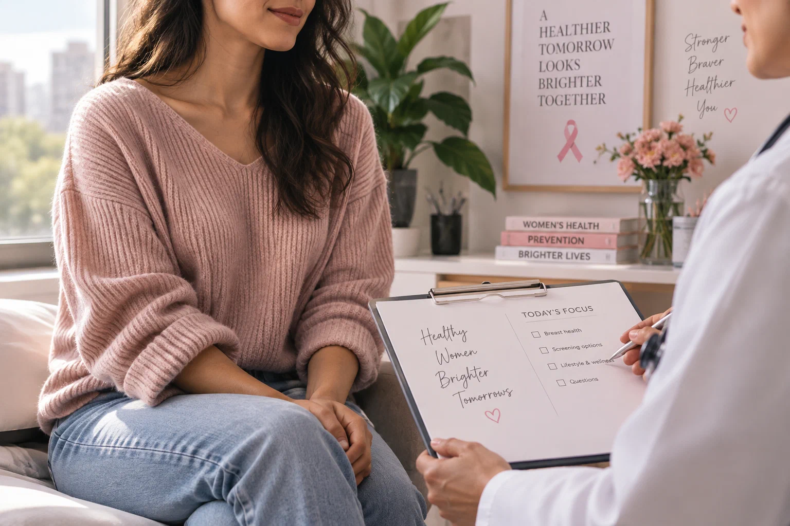 A younger woman in a calm breast health consultation with a clinician, with pink breast health awareness cues in the room