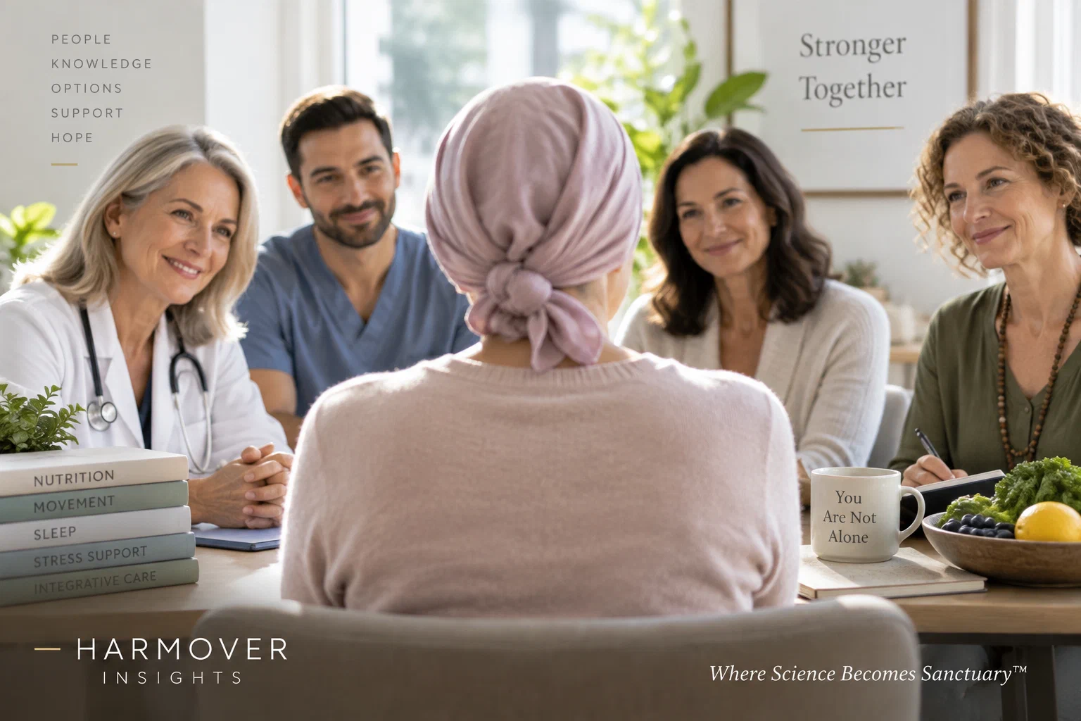 A patient in a headscarf seated at a table with a supportive multidisciplinary care team, including a doctor, nurse and wellbeing practitioners