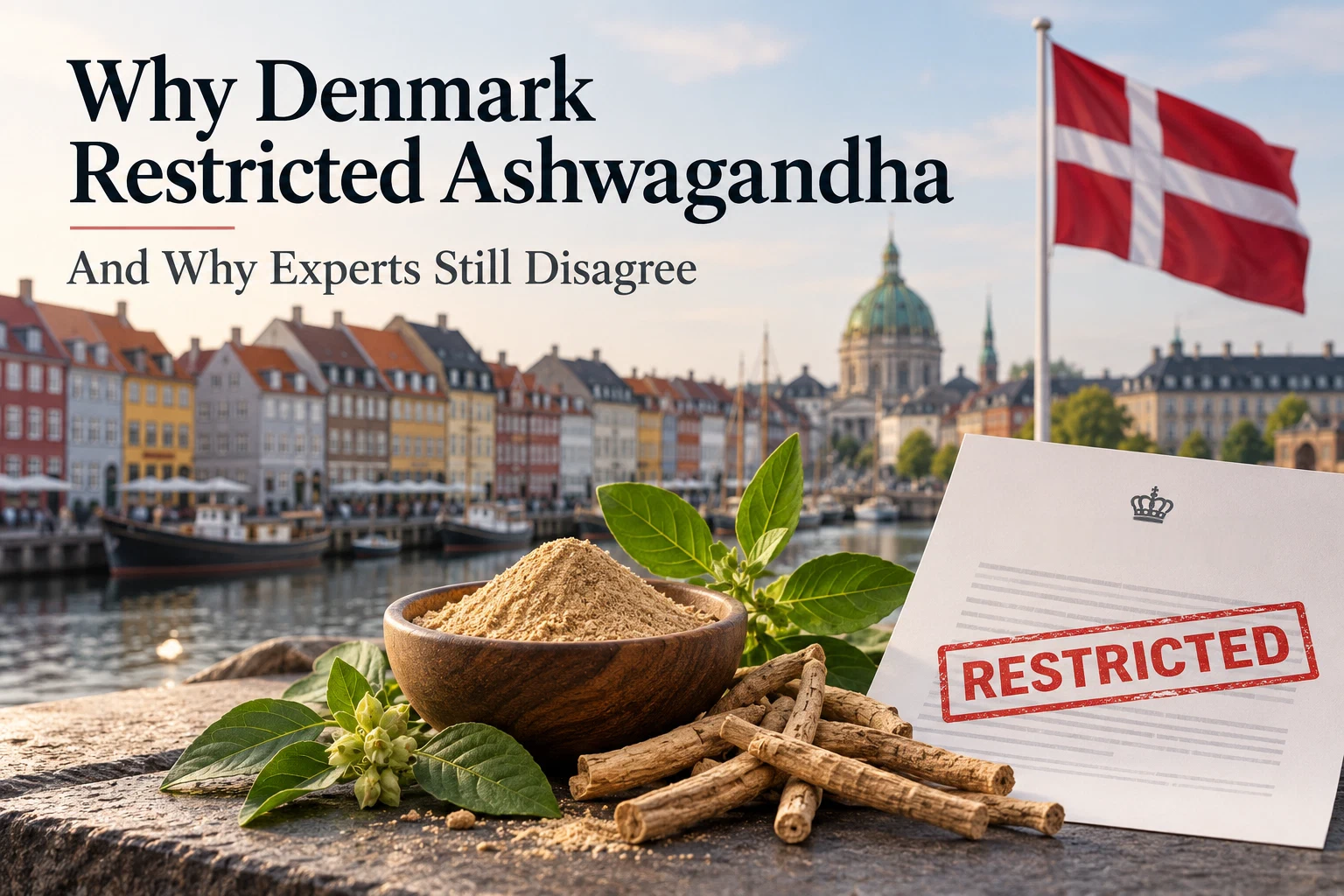 Ashwagandha roots and powder in a wooden bowl in front of a Copenhagen canal, with a Danish flag and a regulatory document stamped restricted