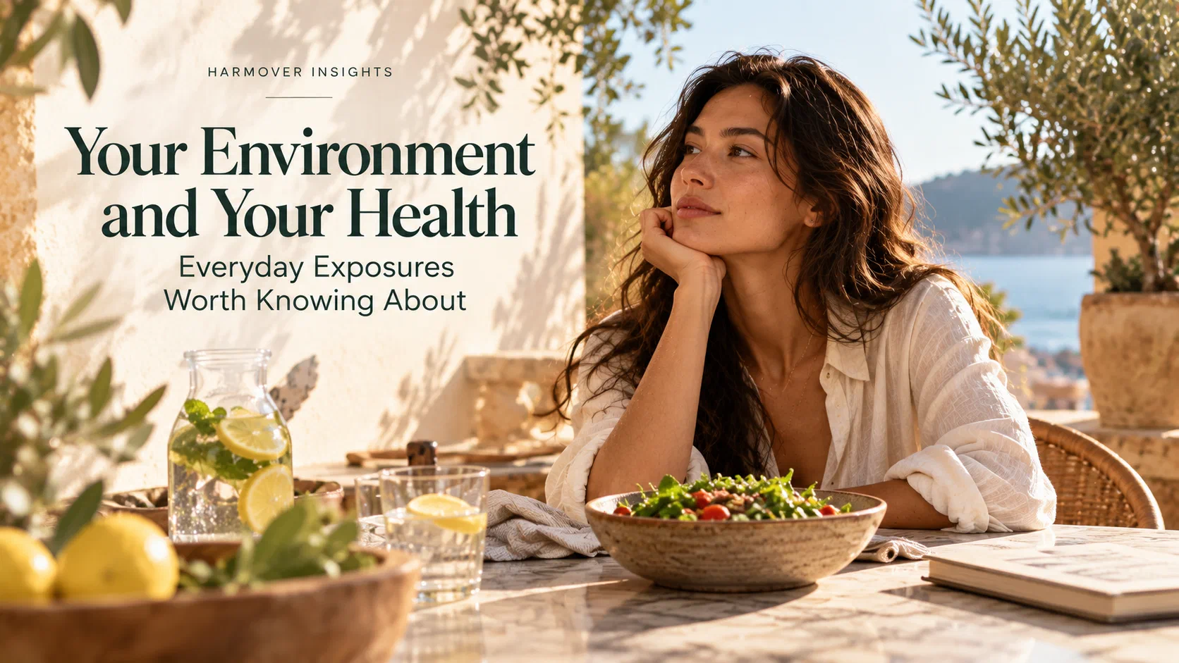 A woman resting her chin on her hand at a sunlit outdoor table with a salad bowl, lemon water and olive trees, beside the title Your Environment and Your Health: Everyday Exposures Worth Knowing About