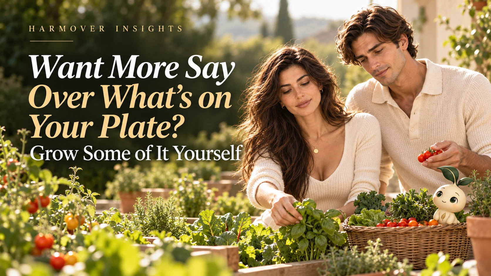 A couple tending raised beds of tomatoes, basil and salad leaves in warm sunlight, beside the title Want More Say Over What's on Your Plate? Grow Some of It Yourself