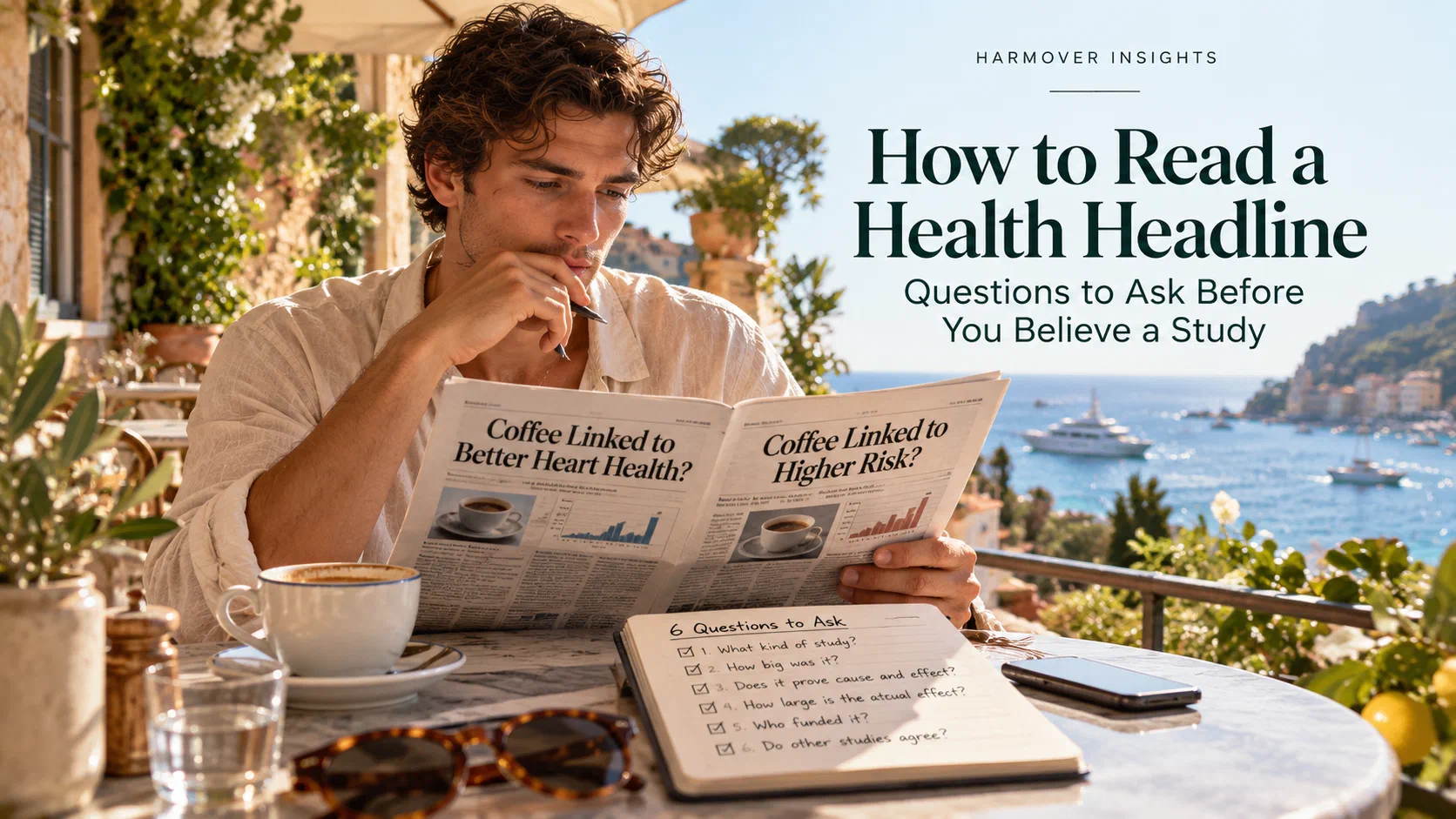 A man reading a newspaper with two coffee headlines at a sunlit seaside table, beside a notebook listing six questions to ask and the title How to Read a Health Headline: Questions to Ask Before You Believe a Study