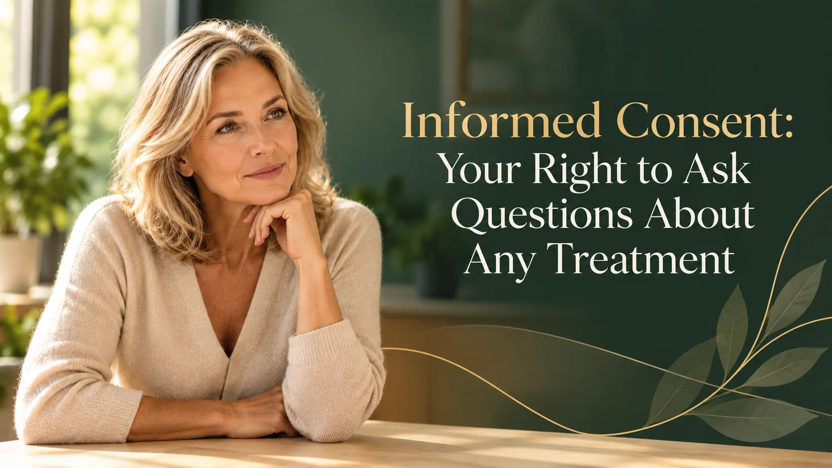 A thoughtful woman resting her chin on her hand at a table in a sunlit room, beside the title Informed Consent: Your Right to Ask Questions About Any Treatment