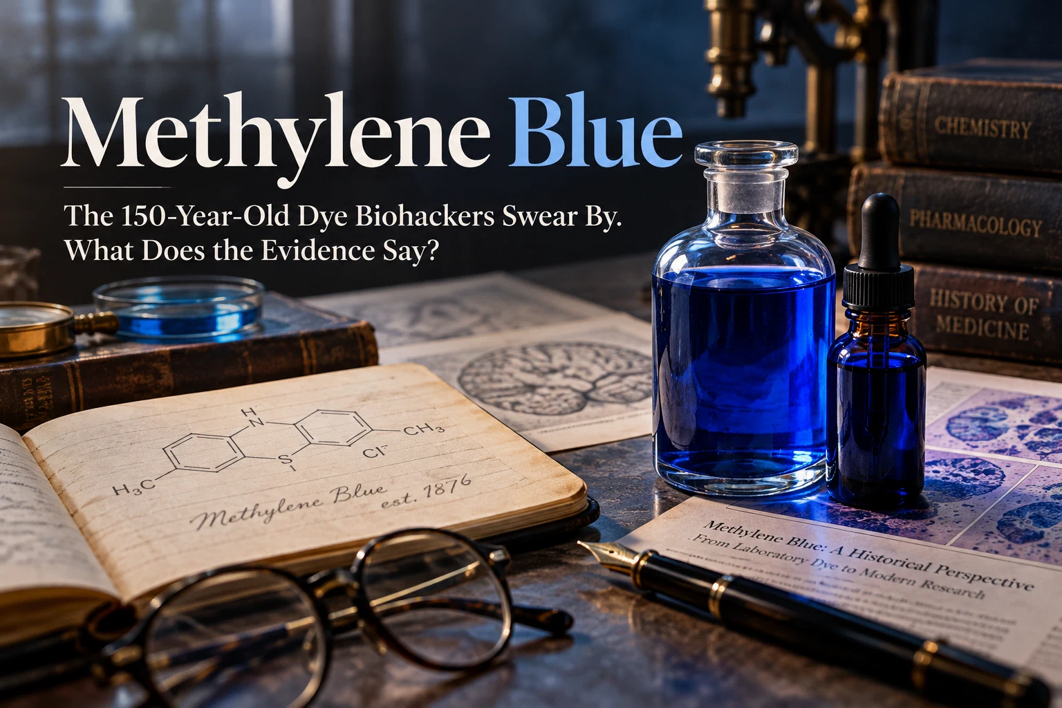Bottles of deep blue liquid on a desk with vintage pharmacology books, a hand-drawn methylene blue structure and historical research papers