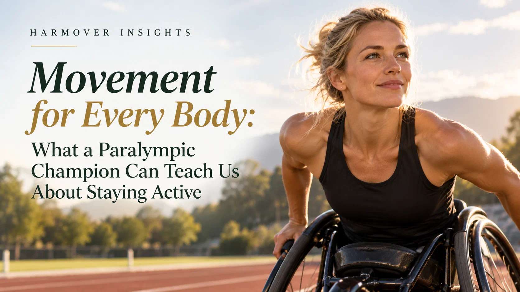 A smiling woman athlete in a racing wheelchair on a sunlit running track, beside the title Movement for Every Body: What a Paralympic Champion Can Teach Us About Staying Active