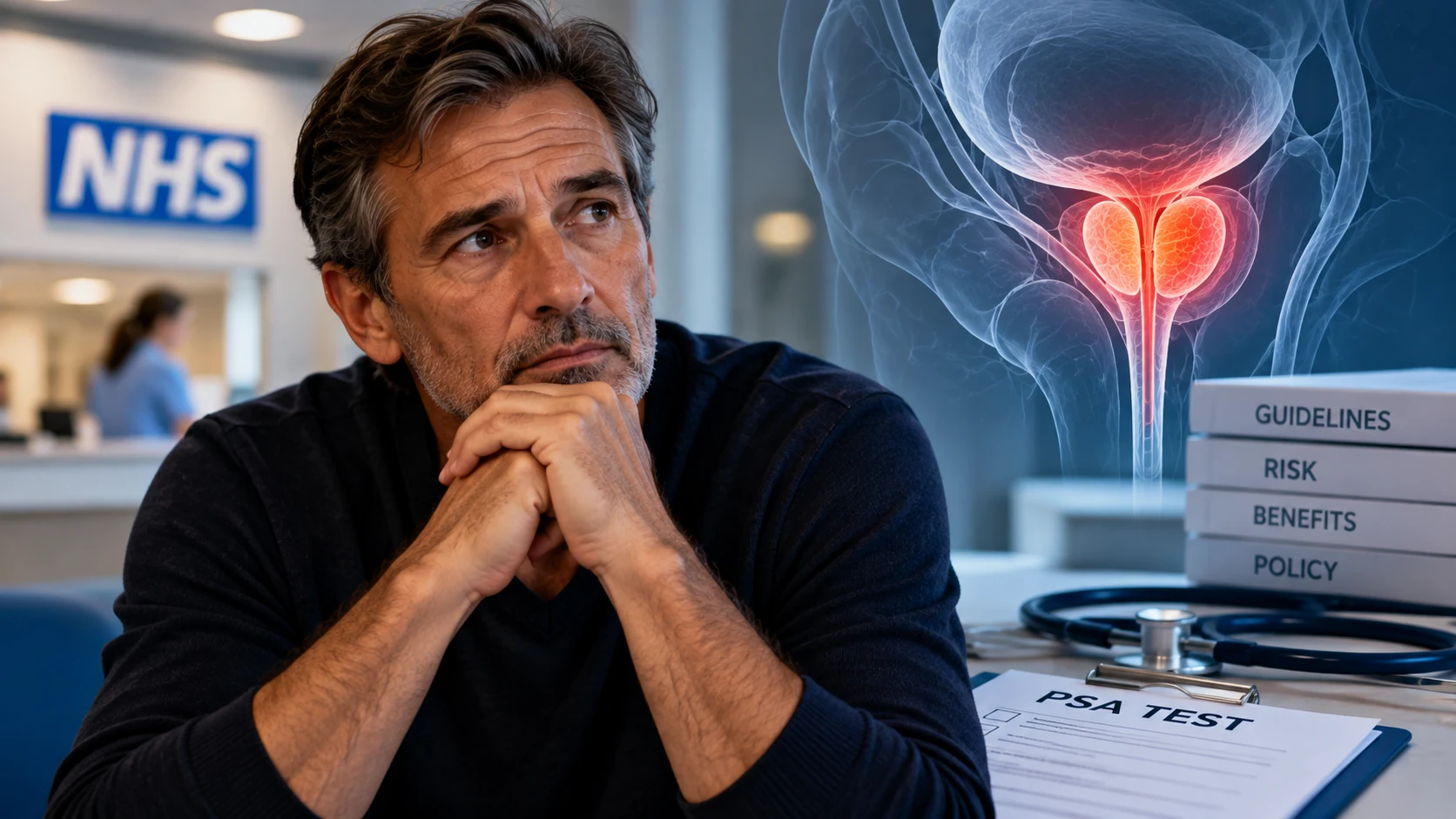 A thoughtful man in an NHS clinic waiting area beside a prostate anatomy illustration and a PSA test form