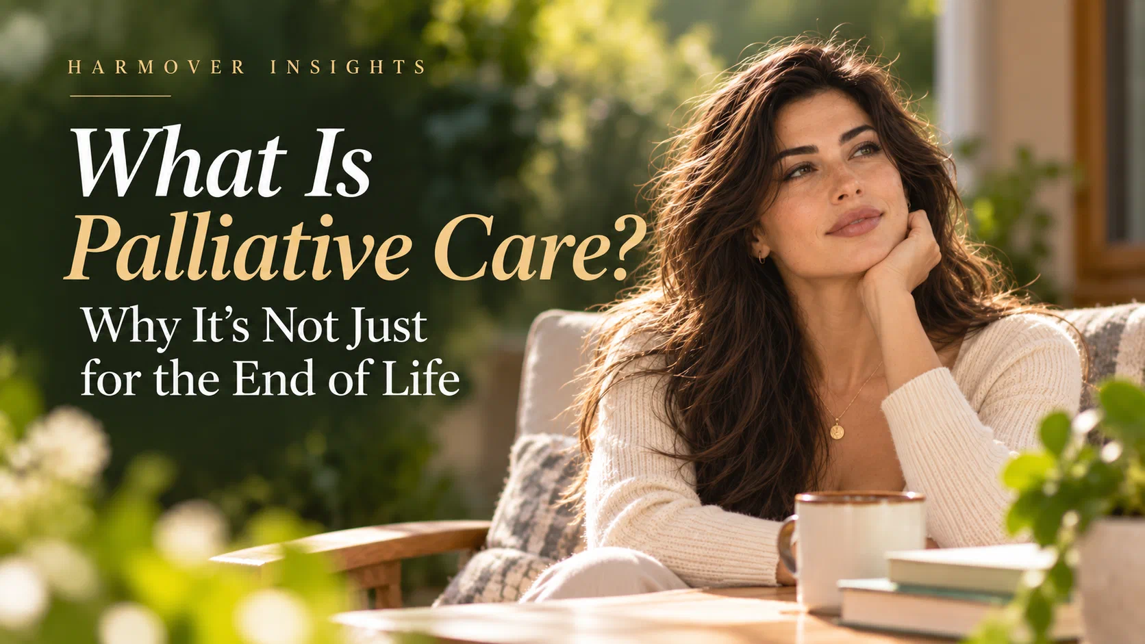A thoughtful woman resting her chin on her hand in a sunlit garden beside a mug and books, beneath the title What Is Palliative Care? Why It's Not Just for the End of Life