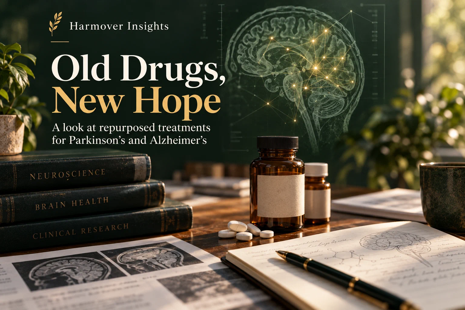 Editorial illustration of neuroscience research, with a brain graphic, neuroscience books, brain scans and unlabelled medicine bottles on a desk
