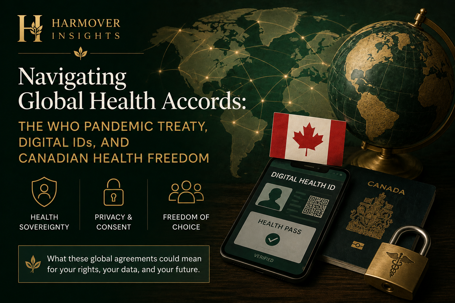 Editorial illustration for global health accords, digital health identity and Canadian health freedom