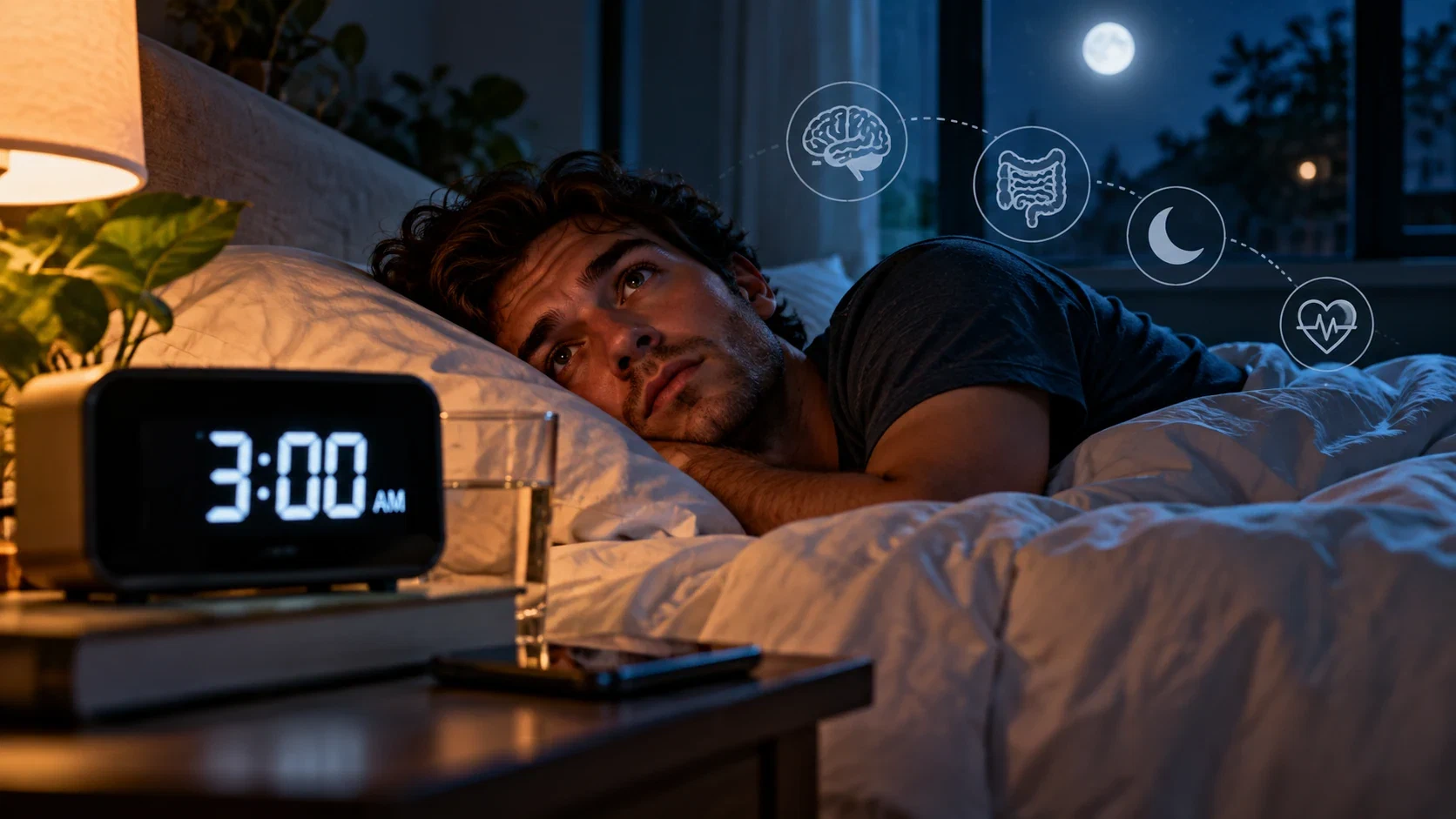 A man lying awake in bed at night beside a bedside clock showing 3:00 AM, with a full moon visible through the window
