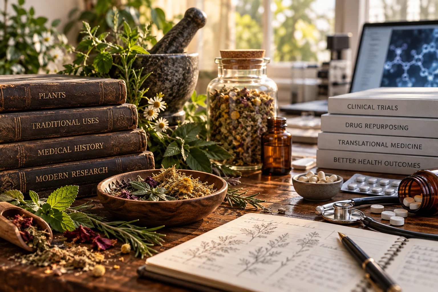 Traditional herbs, a mortar and pestle and old medical books alongside modern medicines, a stethoscope and research materials