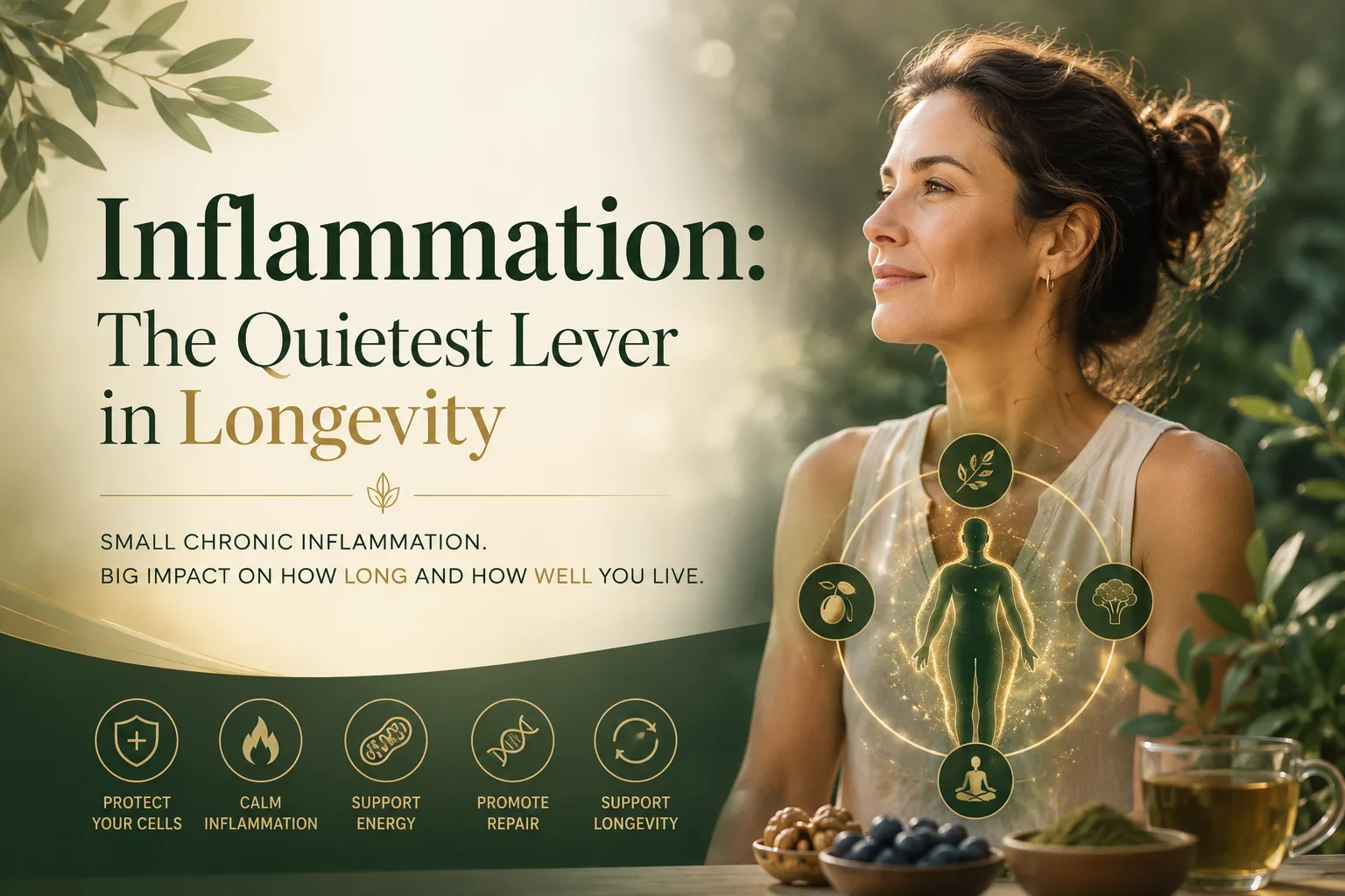 A calm still life representing chronic low-grade inflammation — the quiet lever behind how we age