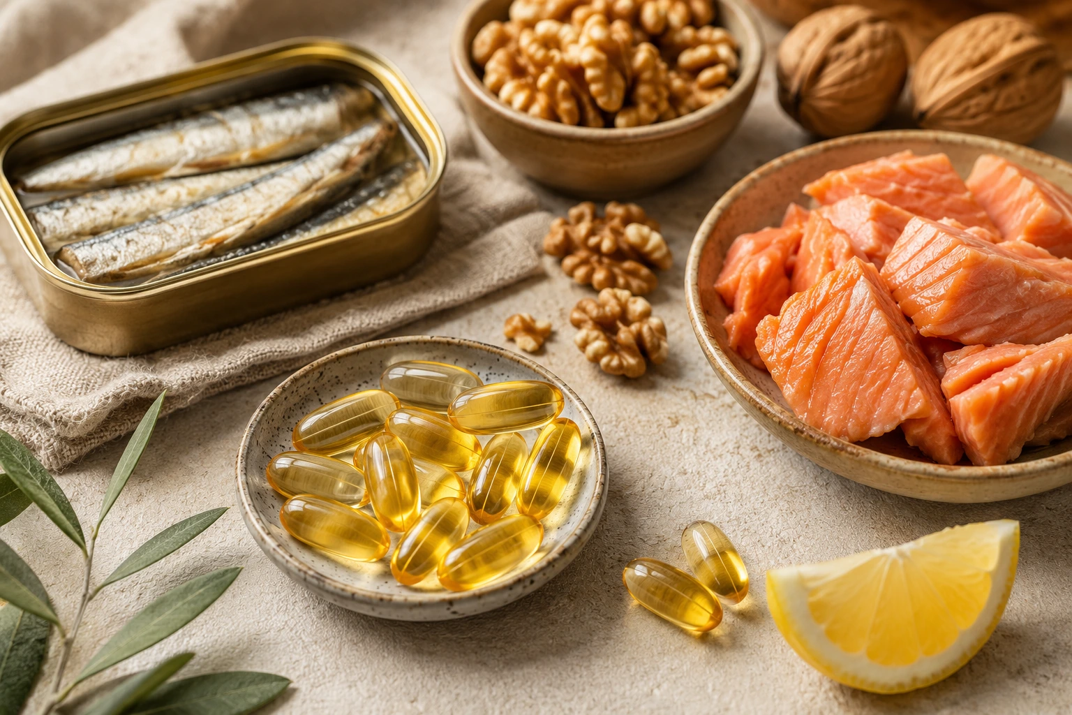 Omega-3 sources — fish oil softgels with salmon, sardines, walnuts and lemon on a warm stone surface