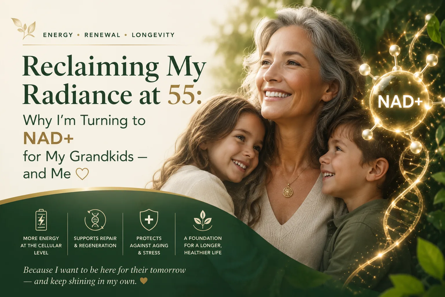 A woman in her 50s full of everyday vitality — reclaiming energy through NAD+ support