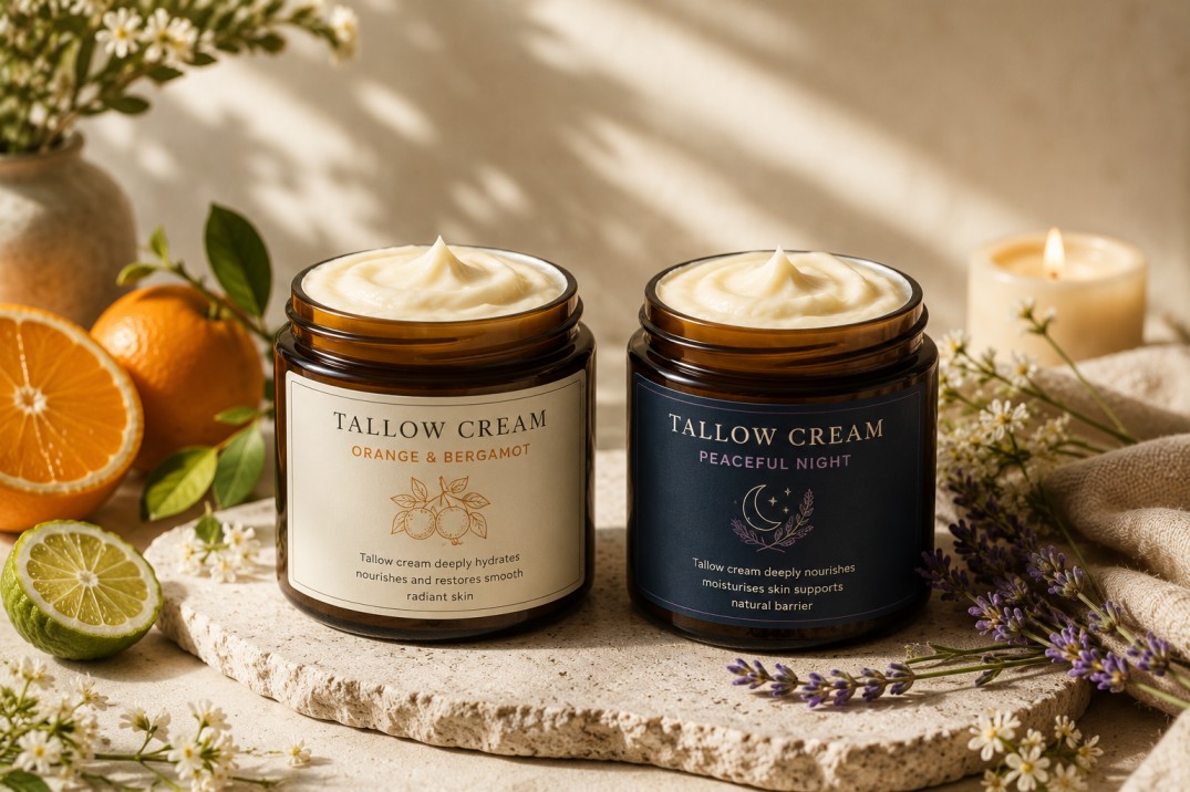 Open jar of grass-fed beef tallow cream beside fresh ingredients on a cream linen surface