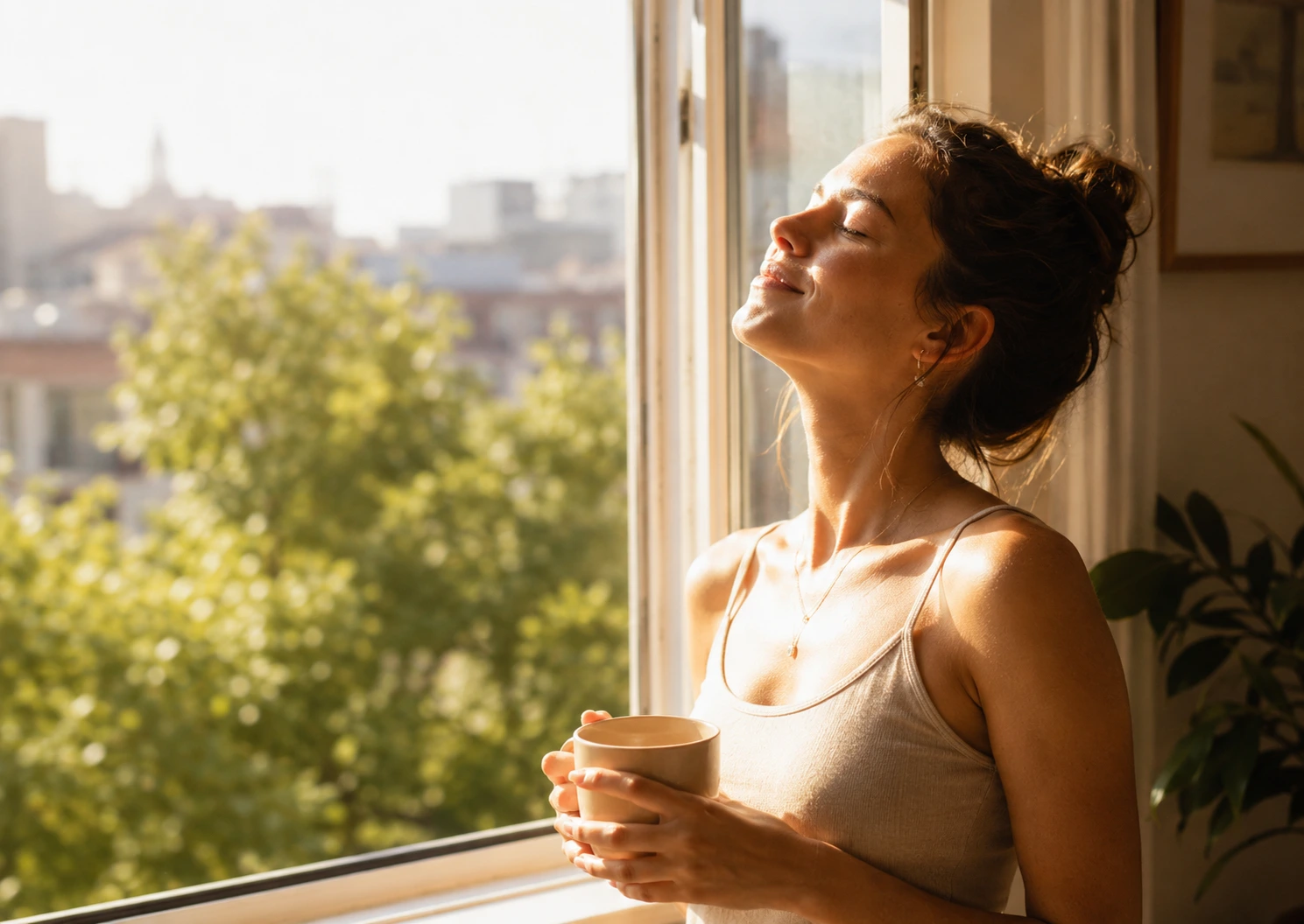 Woman standing by a sunlit window in the morning, holding a cup — representing the daily habit of Vitamin D3 maintenance supplementation