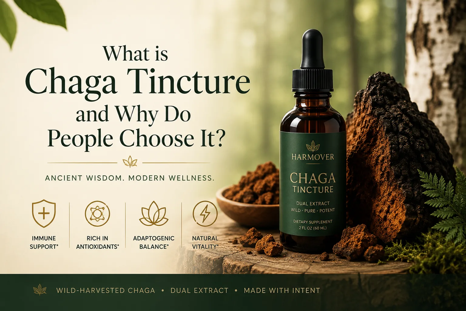 A chaga tincture beside dried chaga — the forest fungus people choose for steady, everyday support