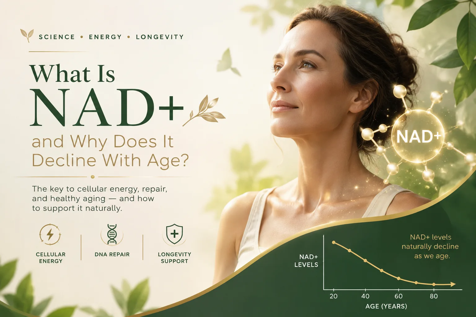 An illustration of the NAD+ molecule and cellular energy — the coenzyme the body runs low on with age