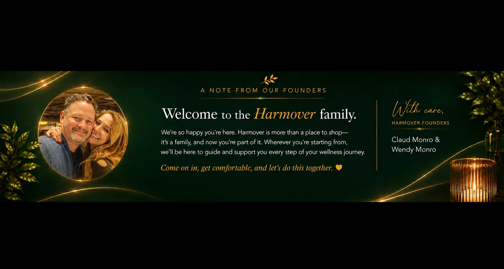 A note from the Harmover founders, Claud Monro and Wendy Monro, with a photo of them together — welcoming you to the Harmover family