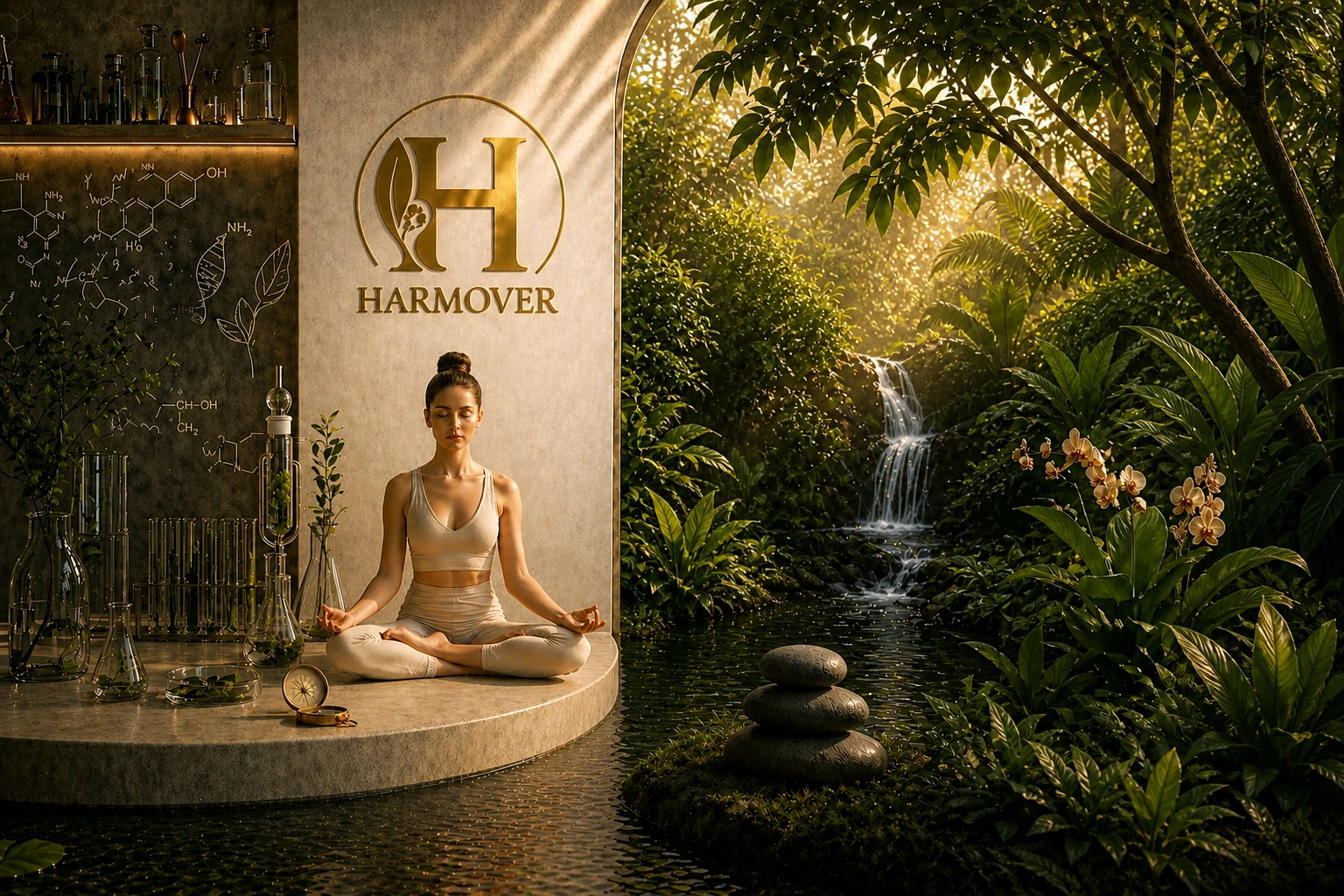 Harmover — clinical sanctuary, meditative wellness scene