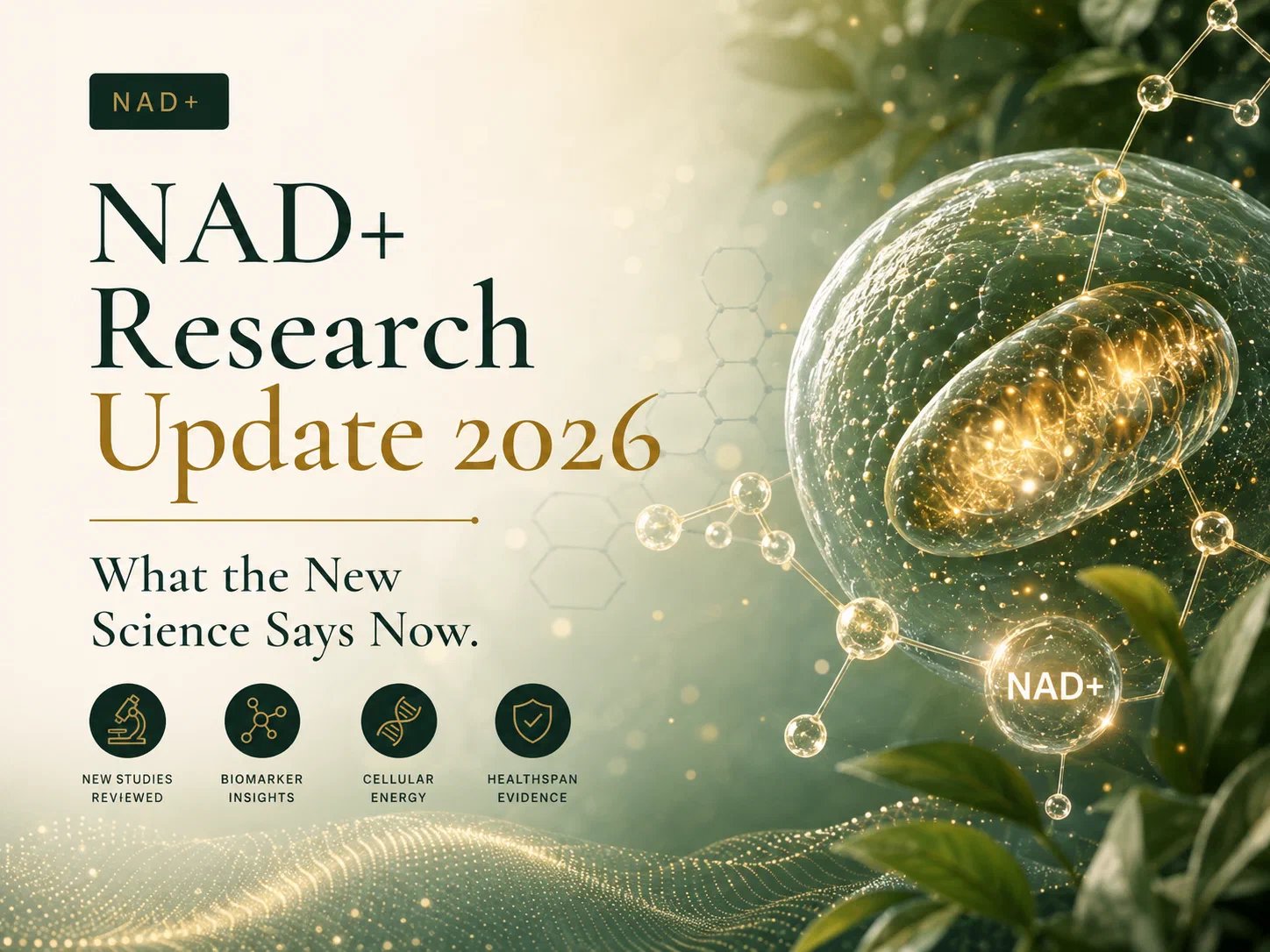 NAD+ Research Update 2026 — what the new science says now, illustrated with a cell, mitochondria and molecular structure
