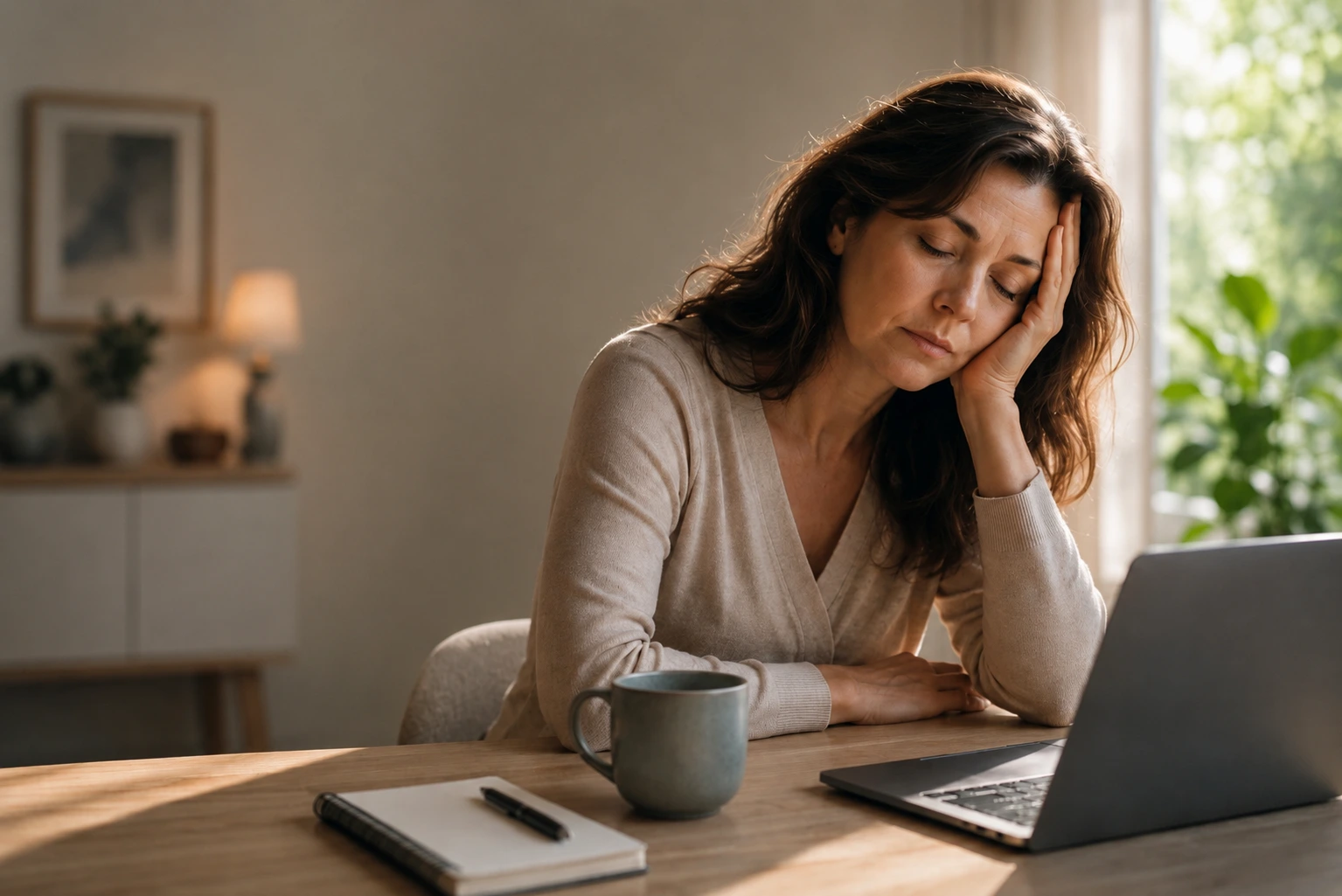 A woman tired at her desk — persistent fatigue often traces to tired mitochondria and declining cellular NAD+