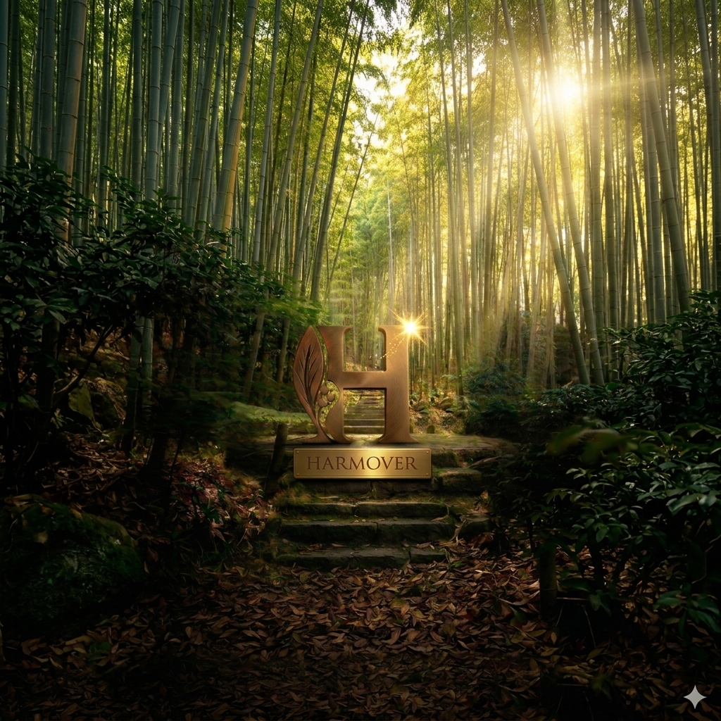 Harmover wellness sanctuary — a golden Harmover crest set in a serene bamboo forest, embodying natural healing and holistic wellbeing