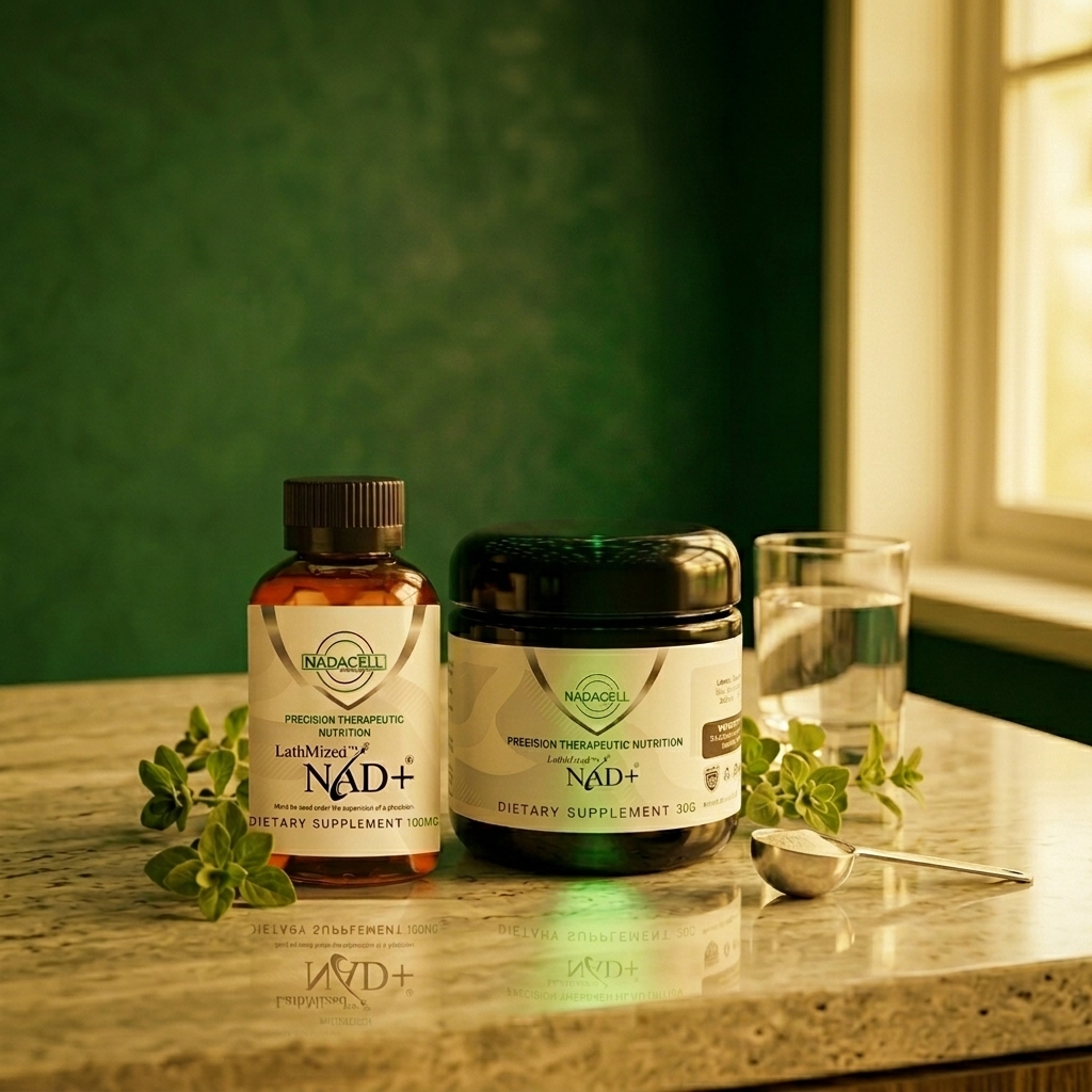 The NAD+ Signature Collection — NadaCell LathMized™ NAD+ dietary supplement, 100mg sublingual tablet and 30g powder, precision therapeutic nutrition for cellular energy, longevity and DNA repair, used under physician supervision