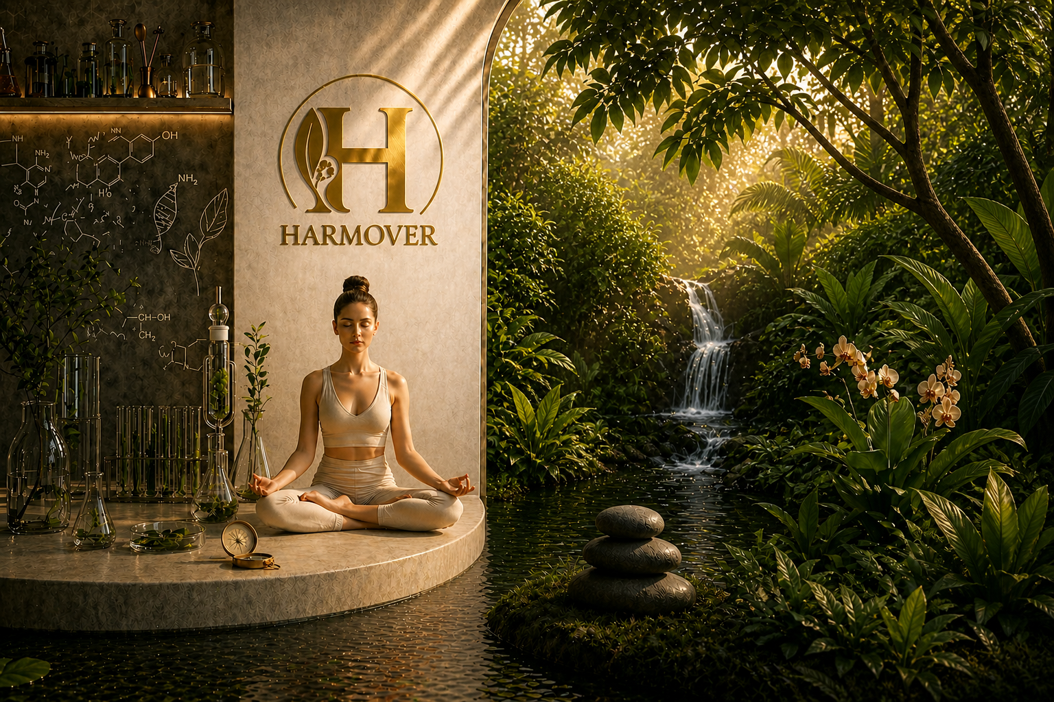 Harmover — clinical sanctuary, meditative wellness scene